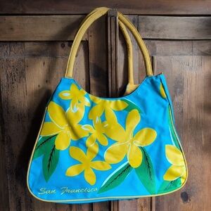 Blue and Yellow Embroidered San Francisco Floral Zippered Tote Bag